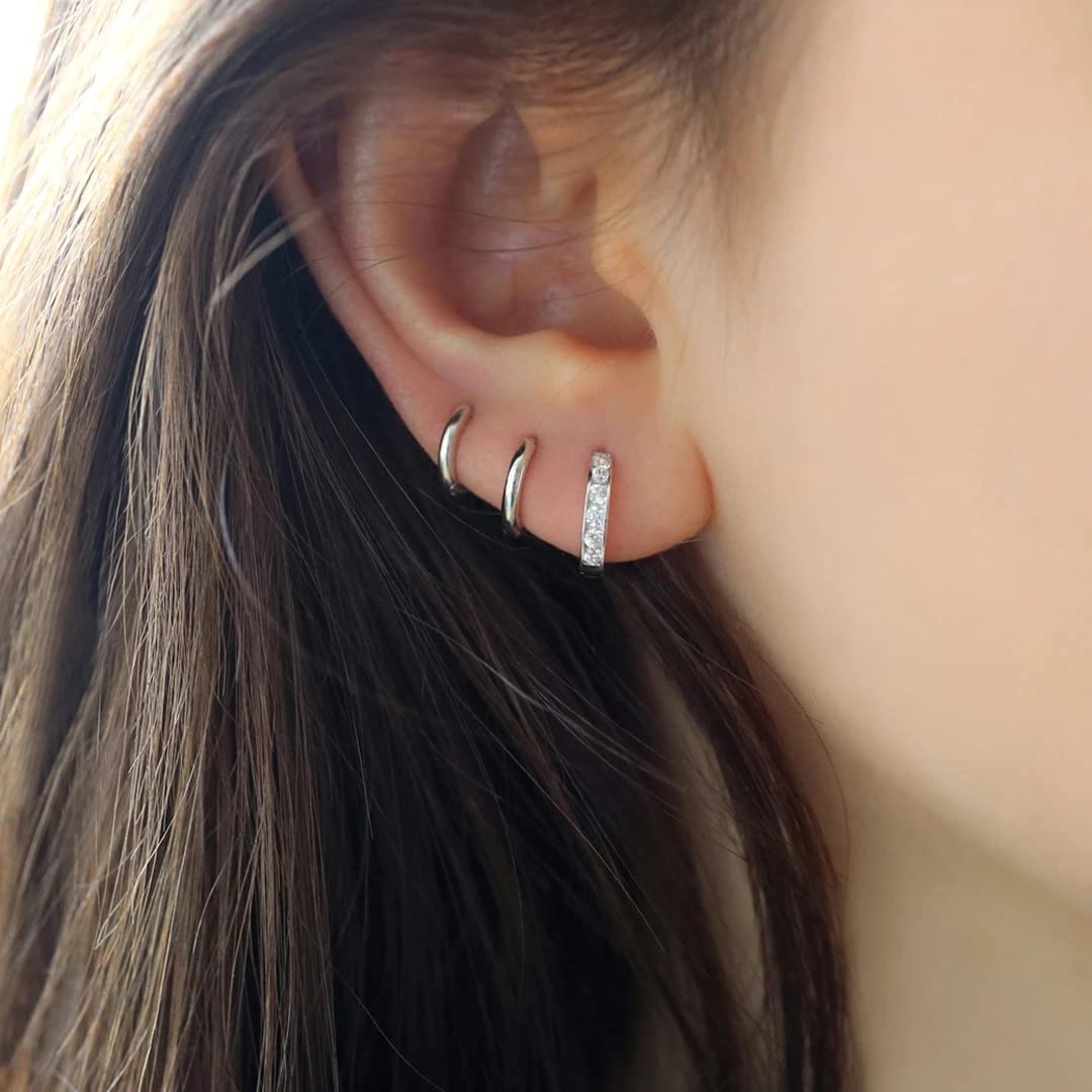 Cartilage Earring Hoop Gold Plated Sterling Silver Small Hoop Earrings Cubic Zirconia Cuff Huggie Mini Piercing for Women 3 Pairs 8mm