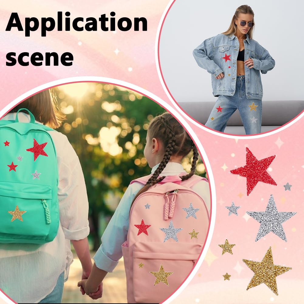 BEUNITONE Iron-On Star Patches for Clothing, 33PCS Glitter Rhinestone Stars in 4 Sizes, Crystal Star Patches Sew-On Alternative for DIY Hat, Jacket, Jeans, DIY Embellishment Kit, Gold Silver Red