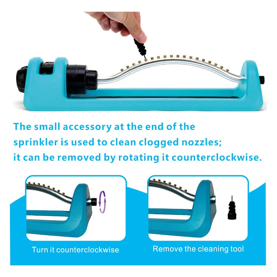 Lawn Sprinkler, Oscillating Sprinkler with 18 Hole Brass Nozzles, Gardening Tool Watering for Lawn & Garden Covers up to 3,600 sq.ft, Nozzle Cleaning Tool Build on the End of the Product, Blue