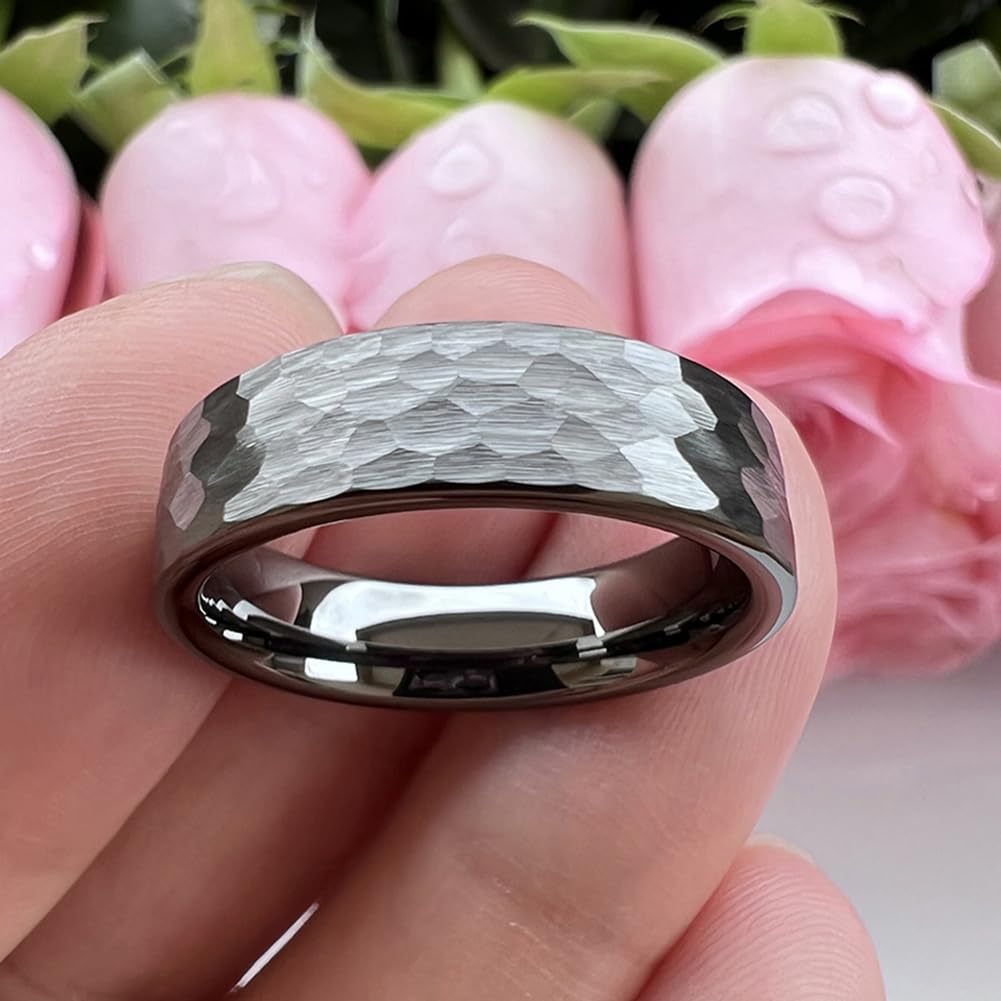TUTISS 6mm Gunmetal Hammered Tungsten Rings for Men Women Fashion Engagement Wedding Bands Pipe Cut Matte Finish Comfort Fit Size 10