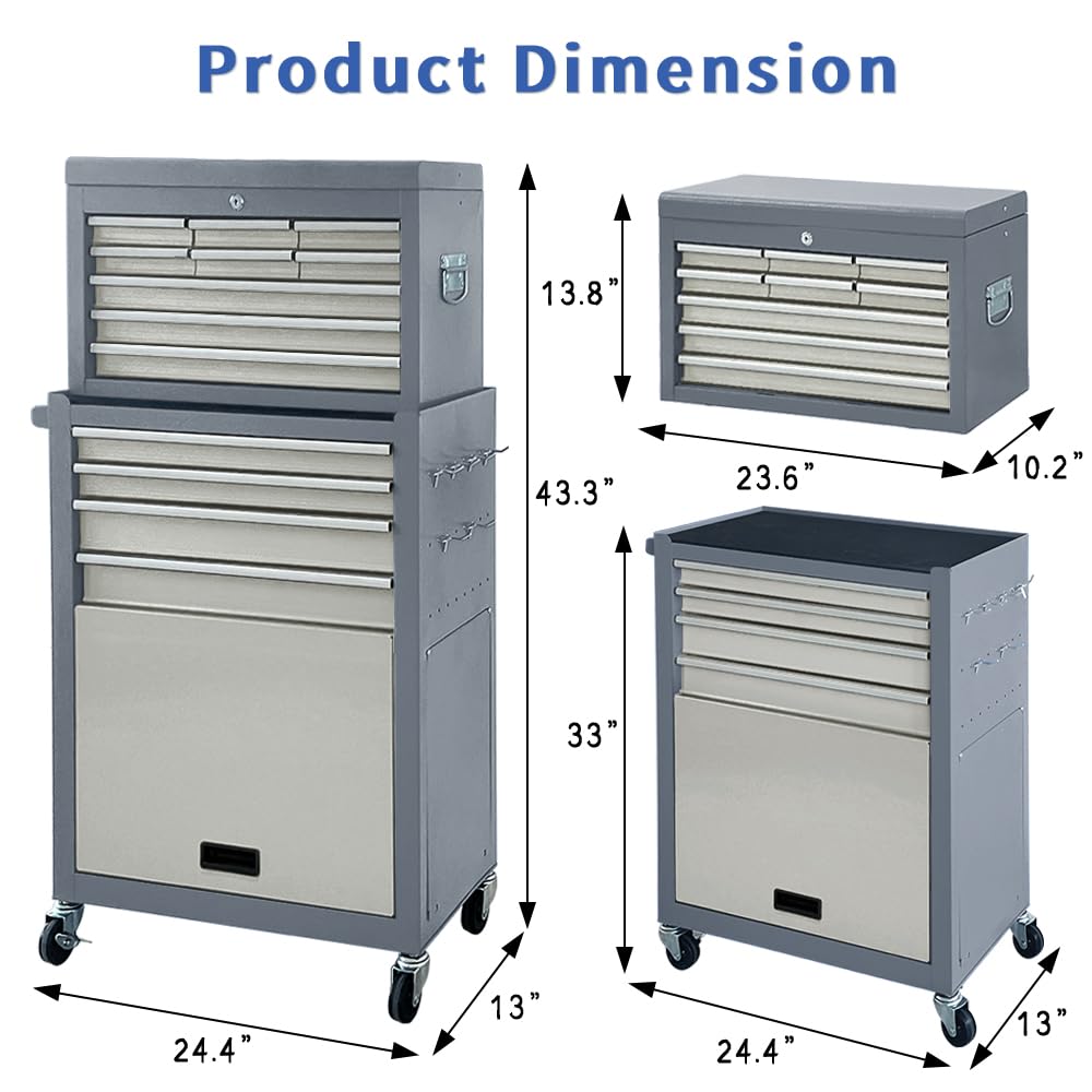 Sormols 13-Drawer Rolling Tool Chest, 2 in 1 Detachable Tool Chest,Tool Box with Drawers and Wheels, Large Tool Cabinet with Lock, Metal Standing Toolbox for Garage Workshop-Gray&White