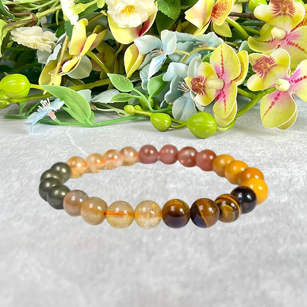 Solar Plexus Chakra Crystals Carnelian, Citrine, Tiger Eye, Peach Moonstone Round Beaded Stretchable Bracelet
