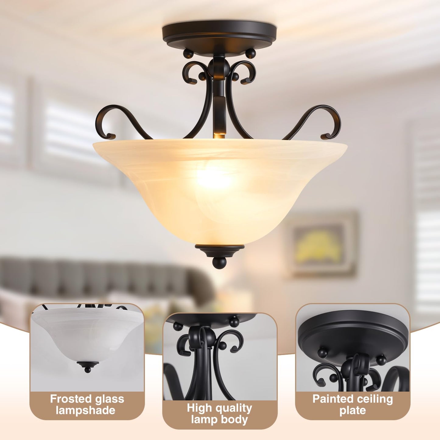 Luvkczc 12" Retro Semi Flush Mount Ceiling Light,Black Ceiling Light Fixture, Mid Century Ceiling Light Modern Glass Close to Ceiling Light for Bedroom Kitchen Porch Hallway,Bulbs Not Included