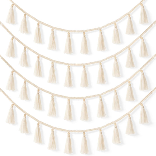 4 PCS Boho Macrame Tassel Garland, 47.2 Inch Boho Classroom Decor Handmade Christmas Garland Wall Hanging Tassels for Nursery Classroom Office Birthday Party Kids Room Baby Shower Decoration
