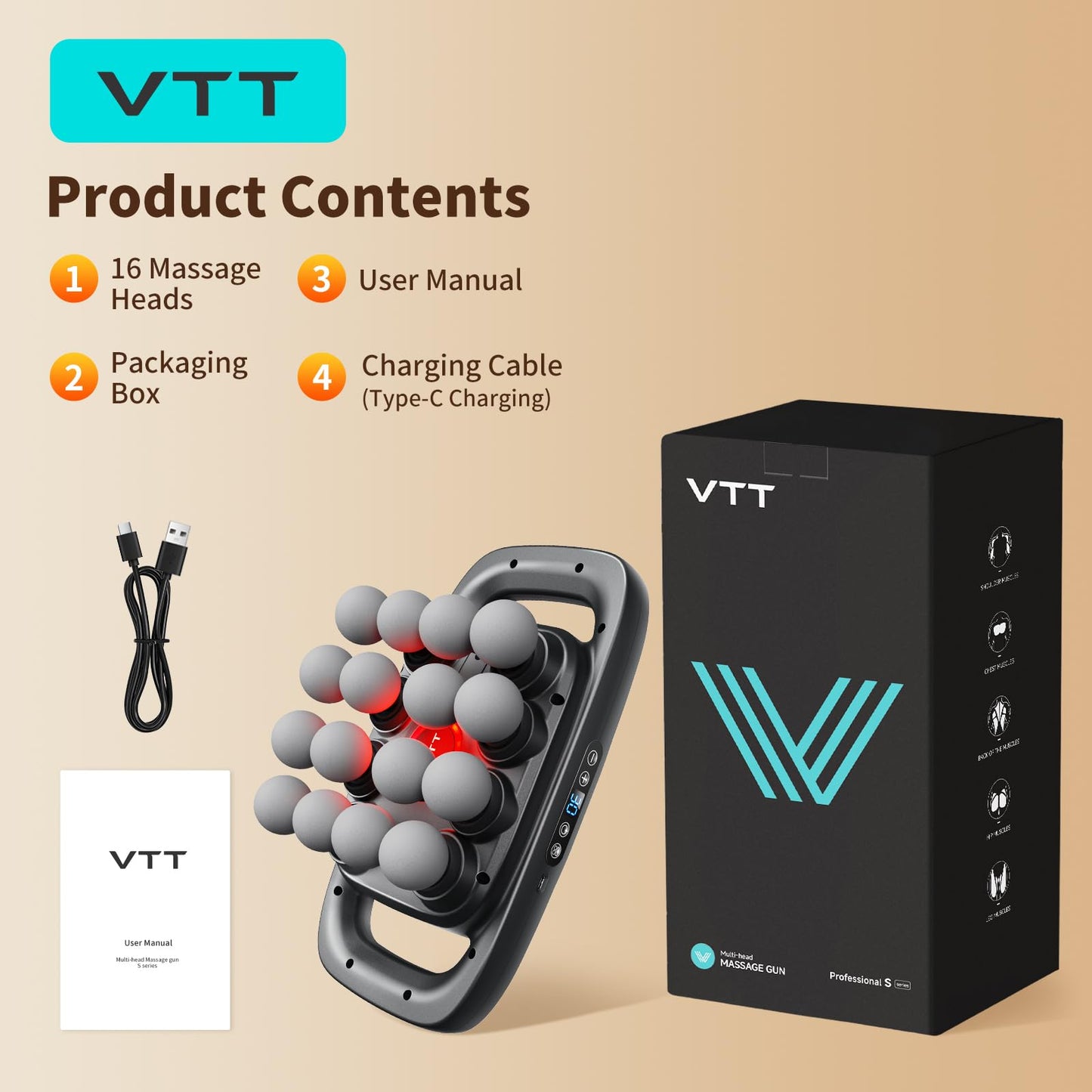 VTT 16-Head Massage Gun Set, Deep Tissue Percussion Massager with 3 Modes & 30 Intensities,Quiet Muscle Massage Gun for Back,Shoulders, Legs, Foot, Body Muscle Pain Relief