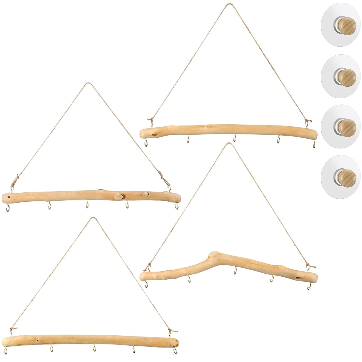 Chunful 4 Pcs 15 Inch Driftwood Wall Hanging Jewelry Hanger Rustic Wood Logs Hanging Branch Decor with 5 Hooks Natural Driftwood Decorative Branches Farmhouse Wooden Hook Mounted