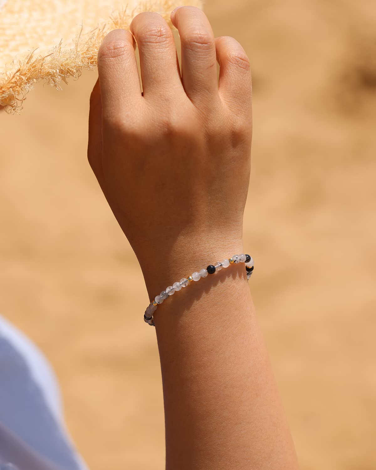 Jewever Gemstone Bracelet for Women Crystals and Healing Stones Beaded Stone Chakra Bracelets Healing Energy Crystal Jewelry Gifts Adjustable 4mm (Rutilated Quartz)