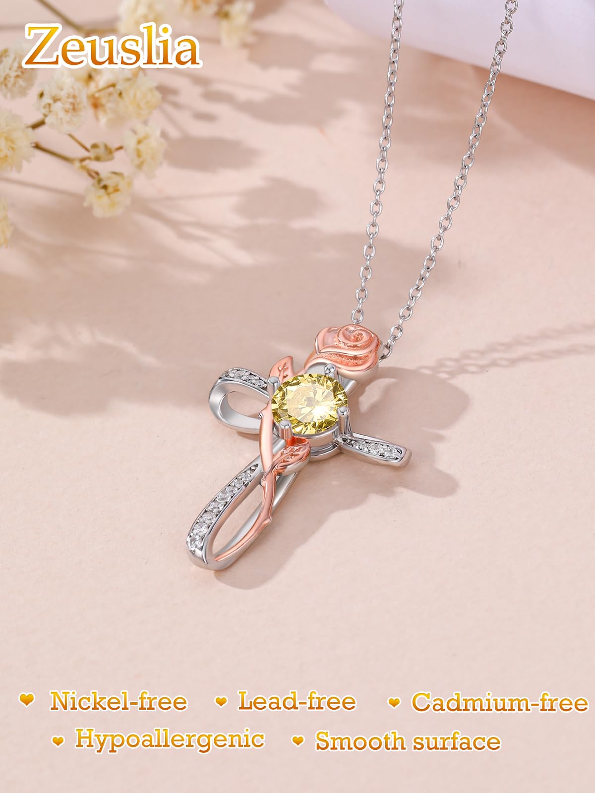 Zeuslia Cross Necklace for Women Sterling Silver Cross Pendant Jewelry with Rose Citrine November Birthstone Necklace Christian Religious Baptism First Communion Confirmation Birthday Gifts for Women