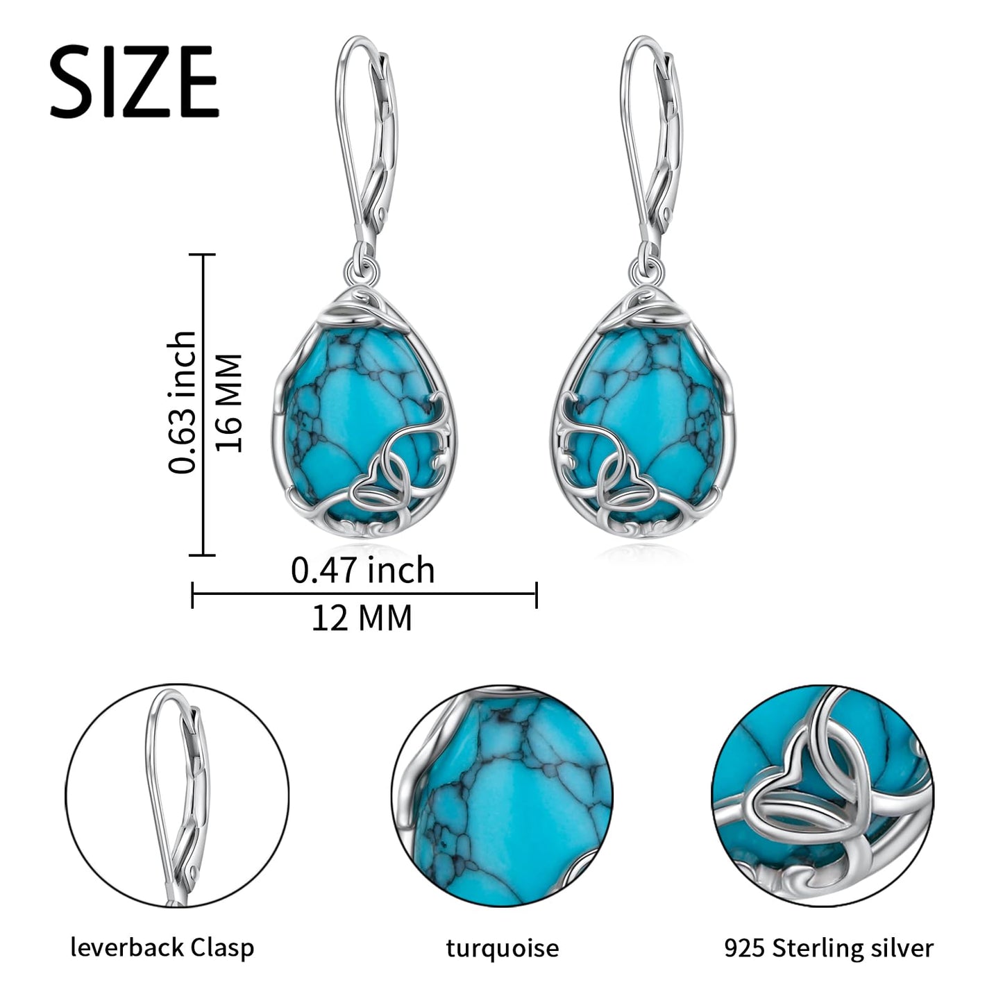SHAOAN 925 Sterling Silver Heart Turquoise Dangle Earrings for Women Teardrop Earring Jewelry Gifts for Christmas Anniversary Birthday Valentine's Day