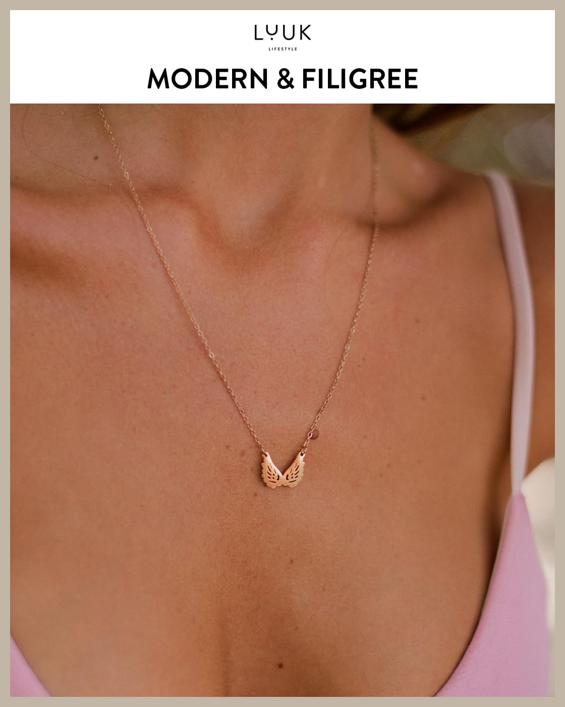 LUUK LIFESTYLE Stainless steel cute Angel Wings pendant necklace, Gift ideas for her, with HAPPINESS Gift Card, rose gold, 19in adjustable chain, waterproof, sturdy dainty simple minimalist trendy