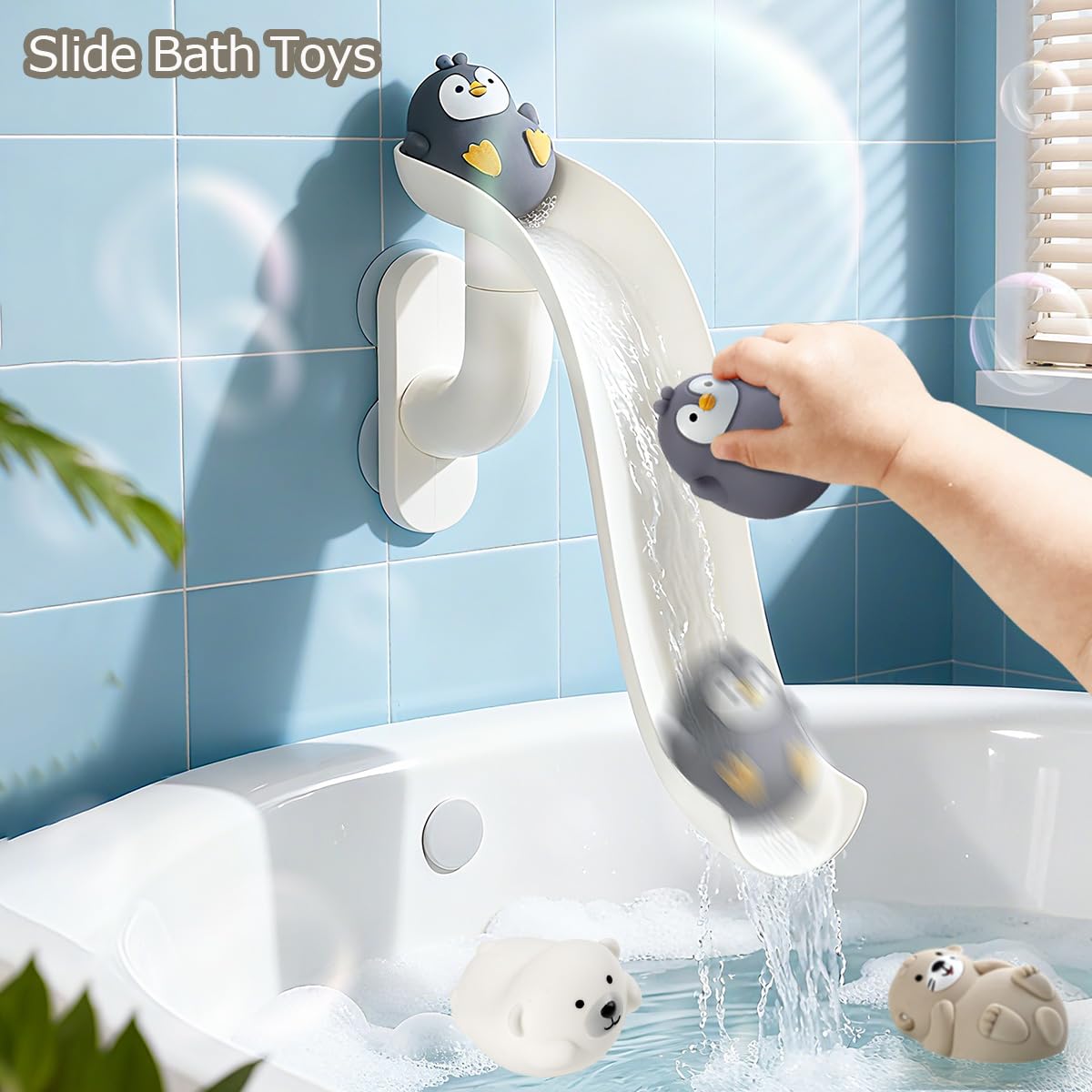 Animals Slide Bath Toy Play Set with Fishing Net Baby Bath Toys for Boys and Girls 6+ Months - Suction Cup Toy Attaches to Shower Wall