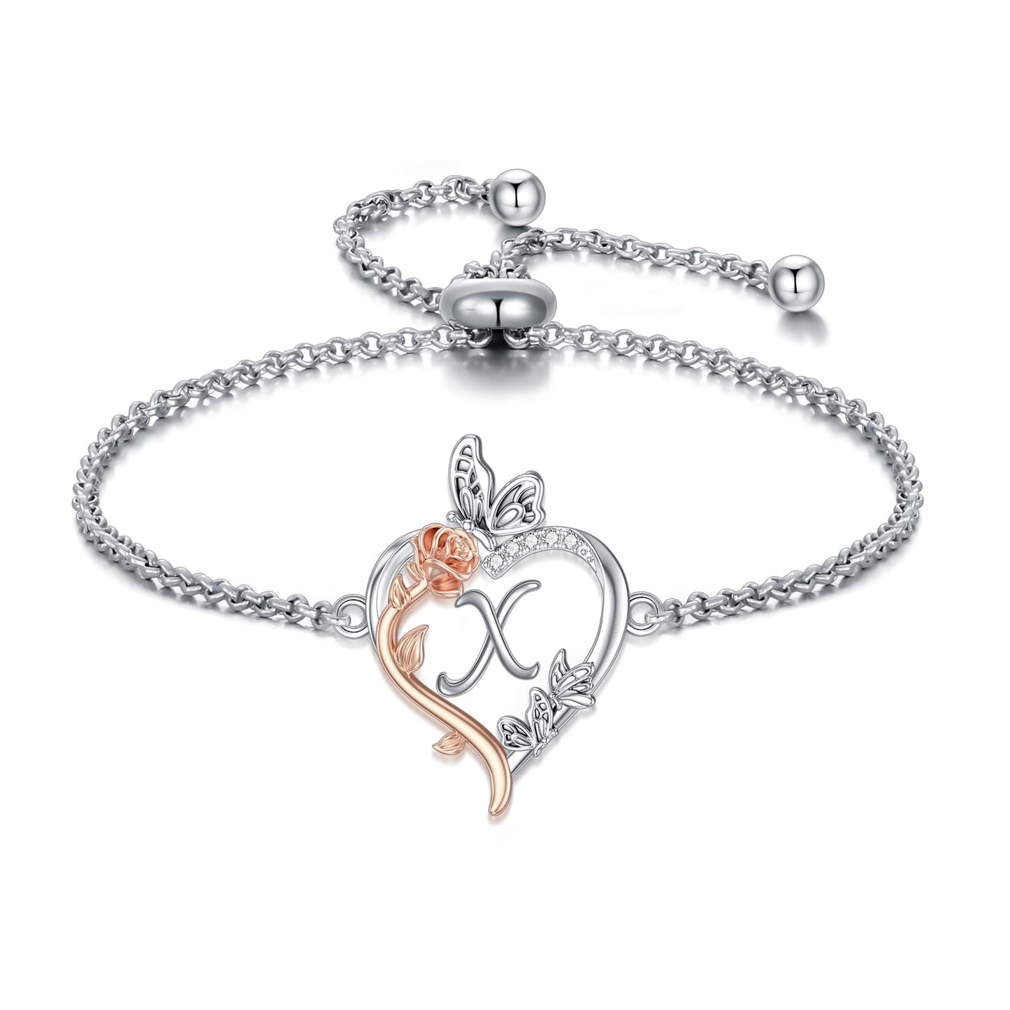 TOUPOP Rose Heart Bracelet for Women Sterling Silver Heart Initial X Letter Bracelet Butterfly Love Jewelry Anniversary Birthday Mothers Day Gifts for Mom Wife Her Girlfriend
