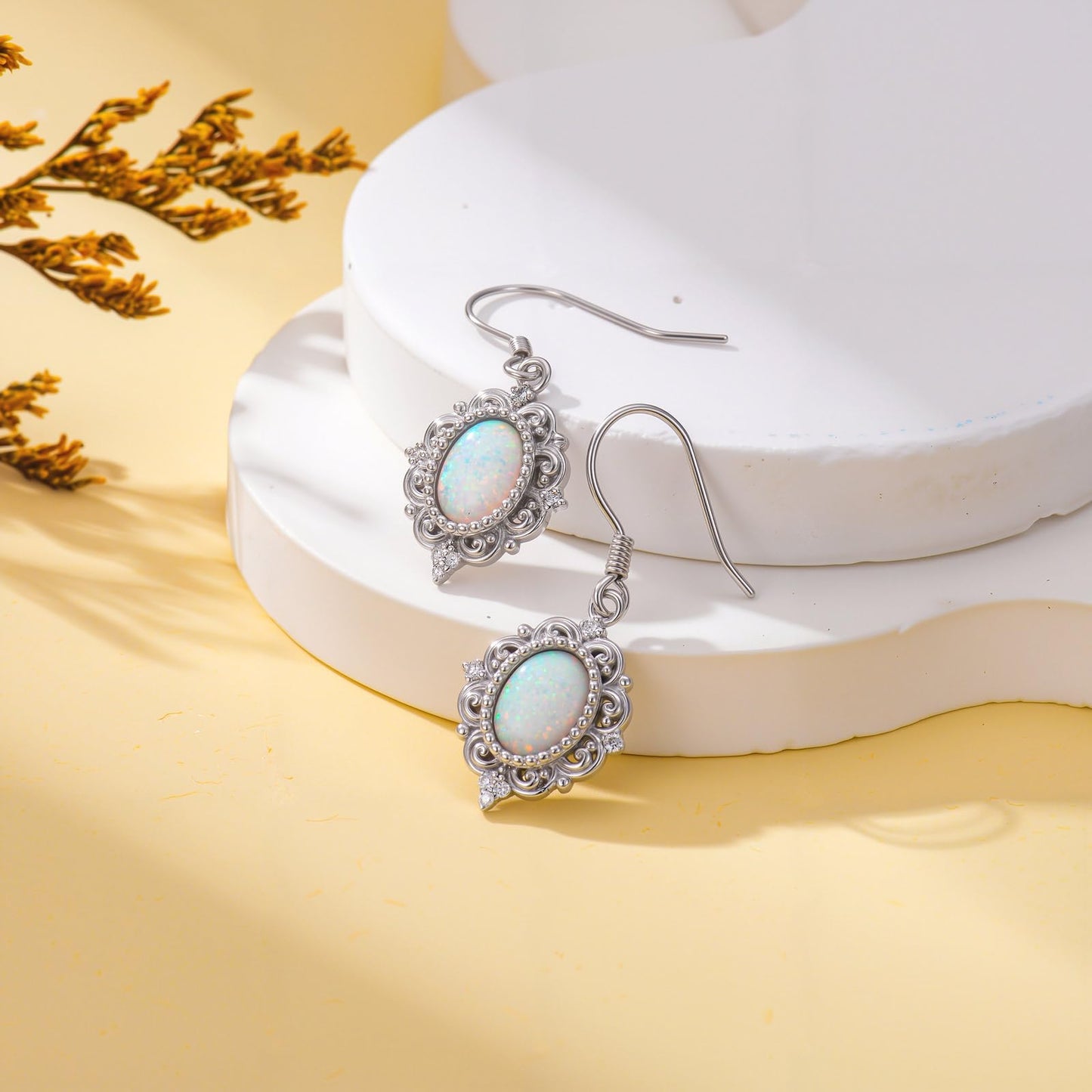 MOTIEL Vintage Opal Dangle Earrings for Women 925 Sterling Silver Genuine Opal Dangle Drop Earrings with Diamond October Birthstone Jewelry Gift for Mother Wife - Style C