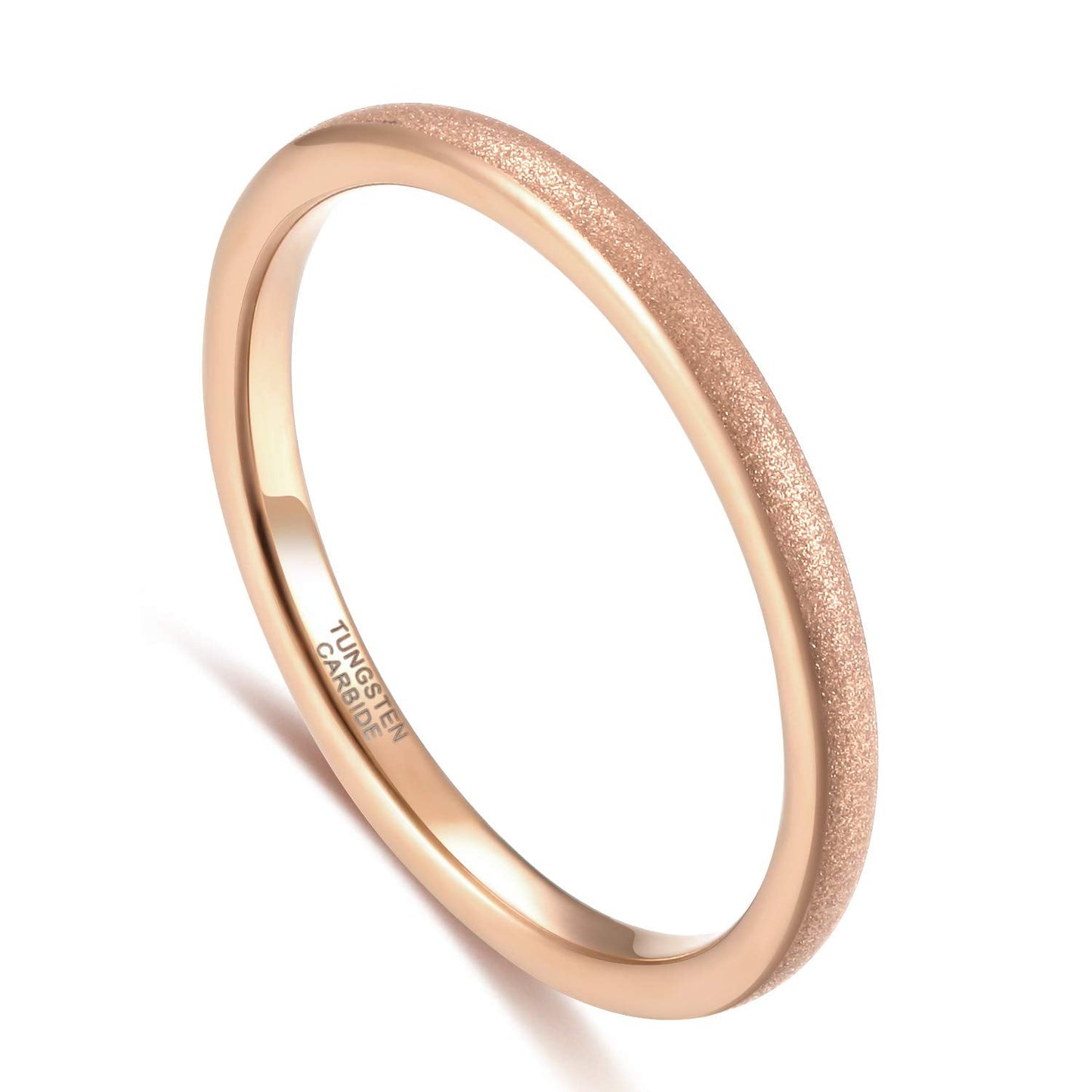 Greenpod 2mm Thin Rose Gold Plated Tungsten Ring for Women Dome Sandblasted Stackable Wedding Bands Comfort Fit Size 6.5