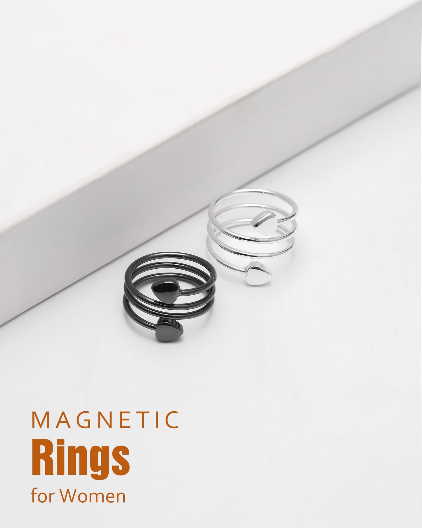 Jecanori Lymphatic Drainage Therapeutic Magnetic Therapy Rings for Women,Adjustable Lymphatic Drainage Copper Magnetic Therapy Rings, Magnetic Lymph Detox Ring Love Heart Gift(2PCS) (Black & Sliver)