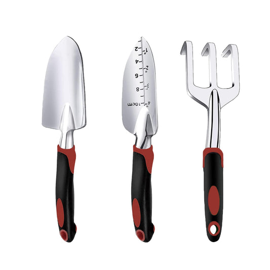 Garden Tool Set, 3 Piece Gardening Tools Includes Garden Trowel, Transplant Trowel and Hand Rake with Non-Slip Ergonomic Handle, Heavy Duty Garden Kit for Planting, Garden Gifts Red