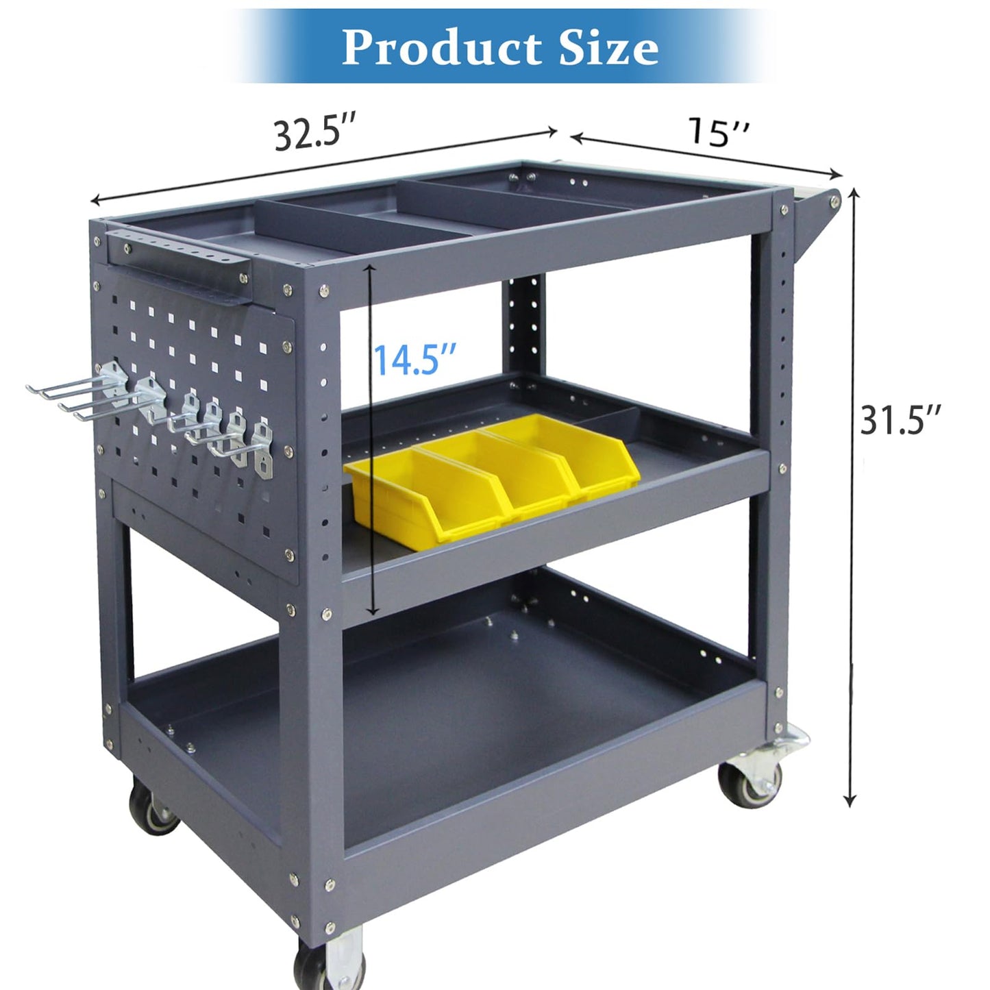 3 Tier Rolling Tool Cart, 500 lbs Capacity, 31.5"x29"x15", Mechanics Cart with 4 Dividers, Mesh Panel & Screwdriver Shelf