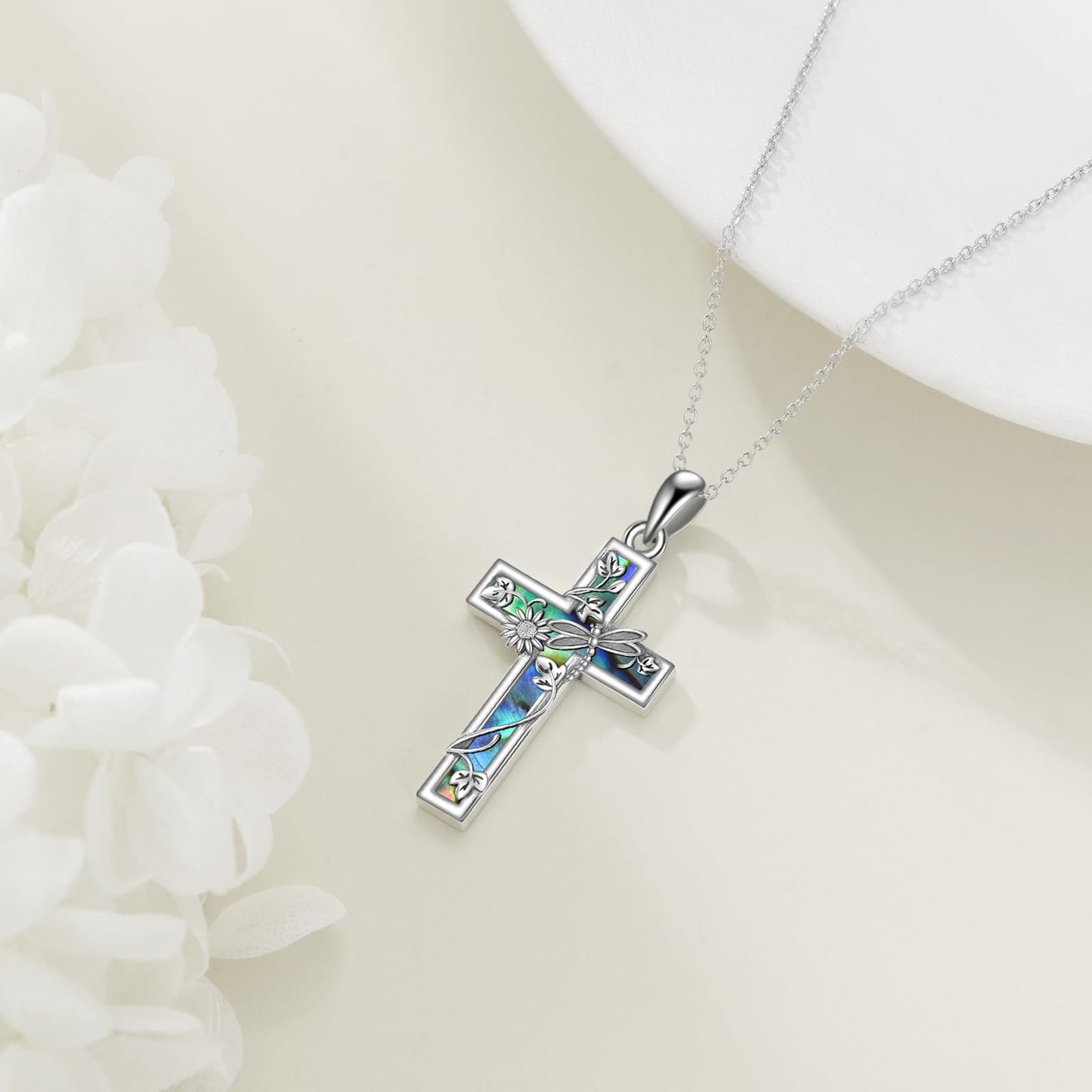 YFN Sunflower Cross Necklace Sterling Silver Dragonfly Cross Pendant Abalone Shell Jewelry Religious Christian Baptism Gifts for Her Women