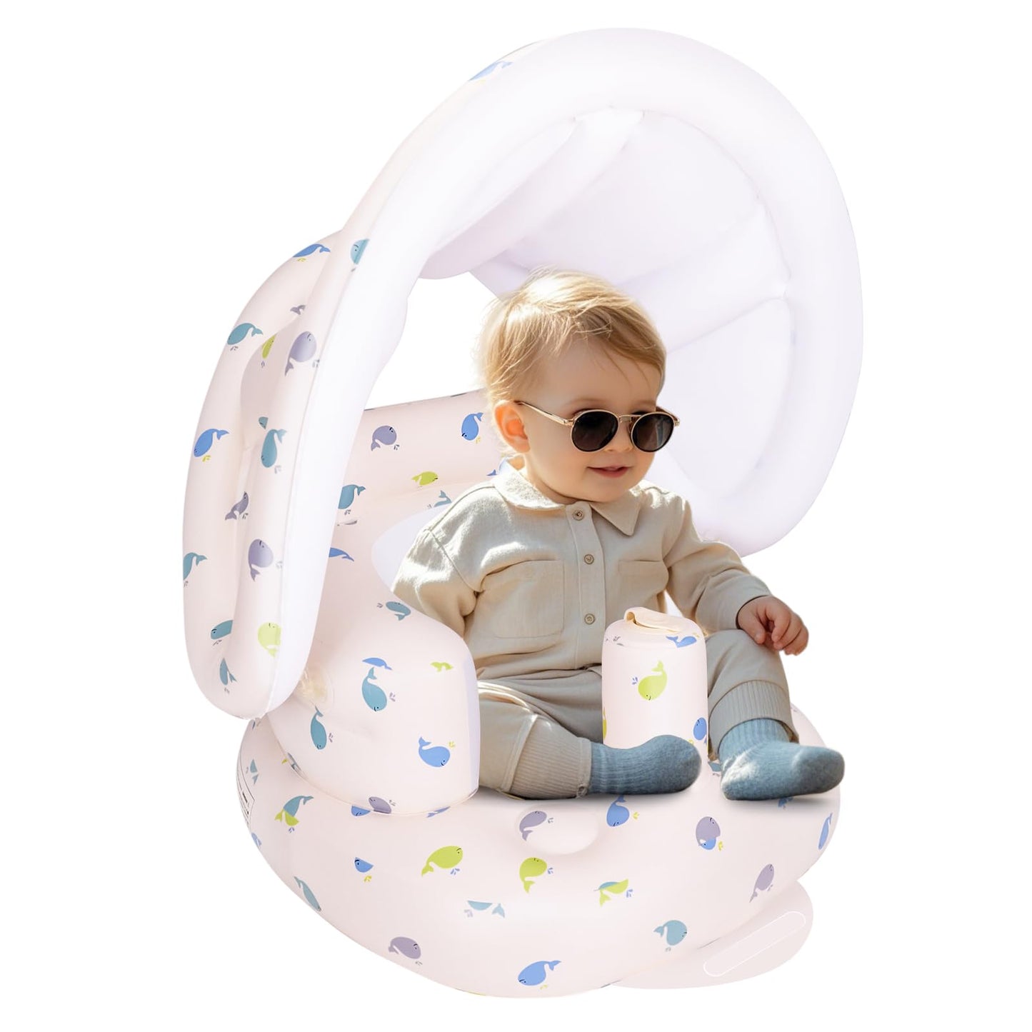 AirSwim Inflatable Baby Seat with Detachable Canopy and Built-in Pump, Inflatable Baby Chair for Babies 3 Months and Up, Sit Me Up Chair for Outdoor Indoor, Bumbo Seat for Infants, Whale