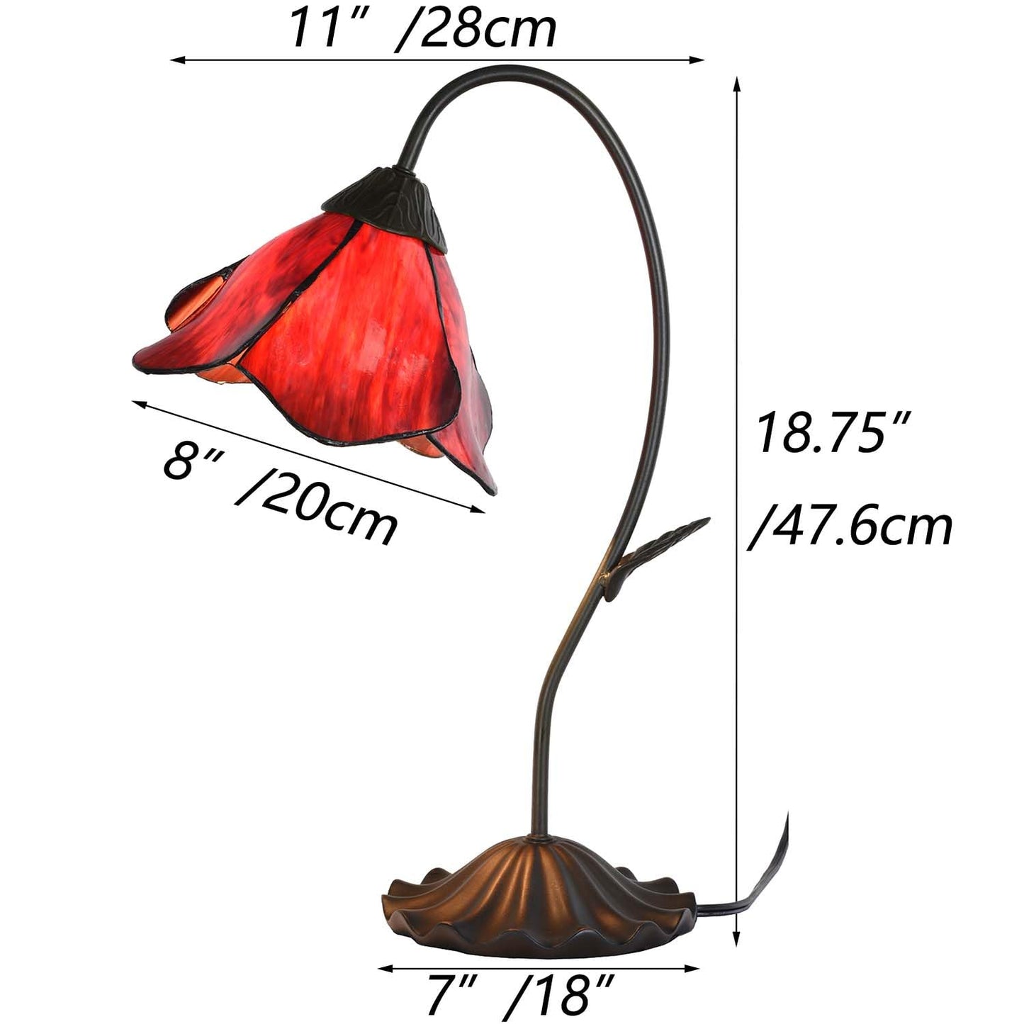 Bieye L12018 Flower Tiffany Style Stained Glass Table Lamp with 8-inch Wide Bent Glass Lampshade Lily Pad Base (Red, 1-Light)