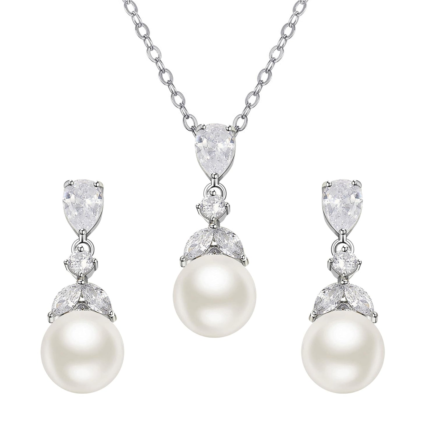 SWEETV Pearl Wedding Jewelry Set For Brides, Cubic Zirconia Wedding Necklace and Earrings Set, Elegant Bridal Jewelry Set for Women Bridesmaids Prom