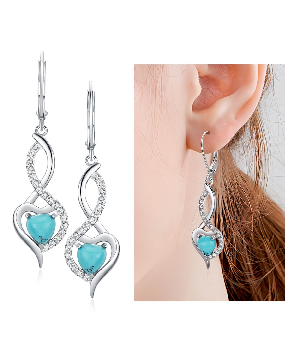 Heart Turquoise Jewelry for Women-Genuine Turquoise Leverback Earring 925 Sterling Silver Dangle Drop Earrings Vintage Gifts for Valentine/Mother's Day/Christmas
