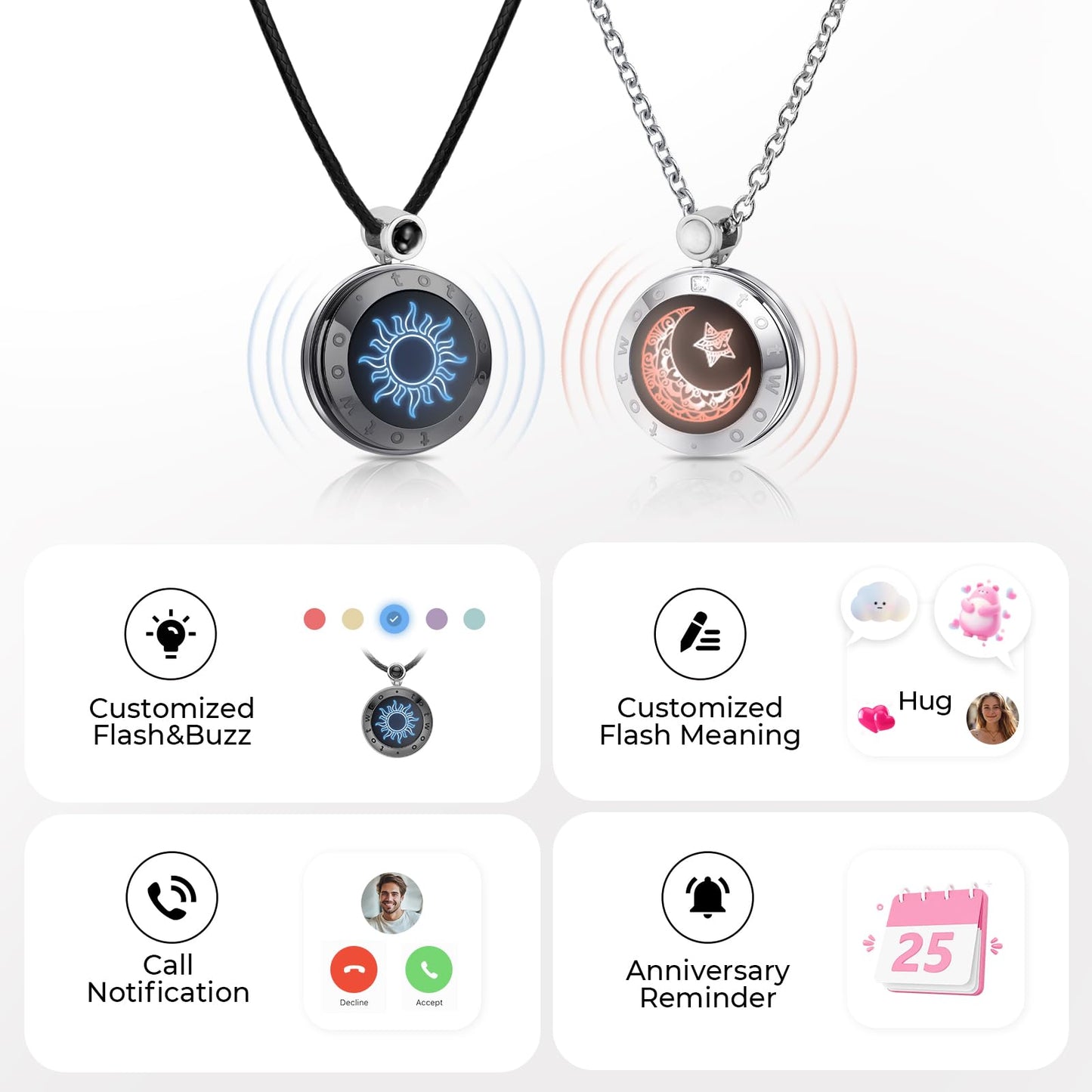 Long Distance Touch Necklace for Couples, Vibration & Light Up Smart Love Jewelry, Long Distance Relationship Gifts for Girlfriend Boyfriend Her Him, One-to-One Bluetooth Pairing via the Companion App