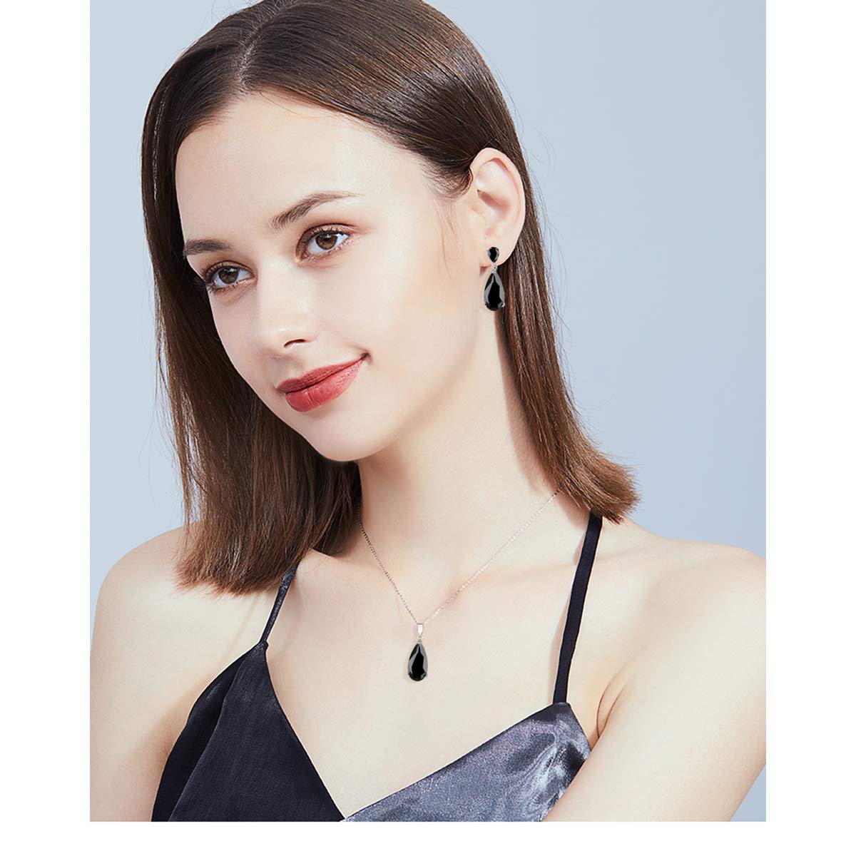 Mycitta Black Jewelry Set for Women - Formal 14k White Gold Plated Teardrop Cubic Zirconia Crystal CZ Rhinestone Drop Earrings and Pendant Necklace Set for Prom Party