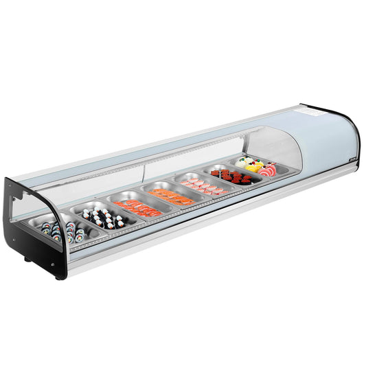 VEVOR Sushi Display Case Refrigerator, 2.5 Cu.ft Commercial Sushi Case, 7-Pan Countertop Showcase with Curved Glass, LED Lighting, and Digital Temperature Control, for Sushi-Bar, Restaurant, Store