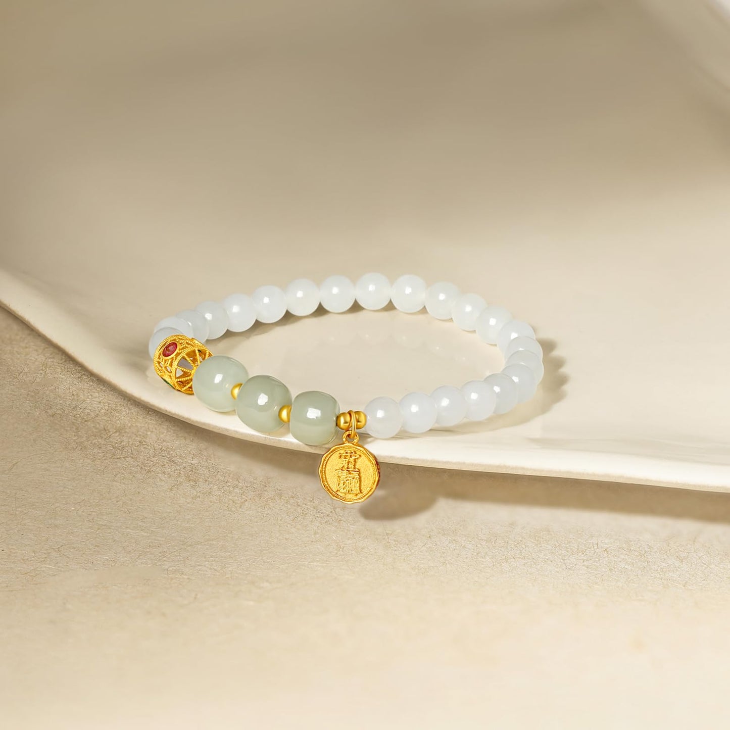 ZHOU LIU FU Sterling Silver Bracelets White Jasper Bracelet Bead Bracelet Green Jasper Round Fortune Charm Bracelet Stretch Bracelet for Women Mom Lover Birthday Aniversary 6.7inch/17cm