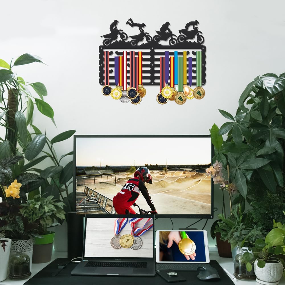 SUPERDANT Motocross Medal Hanger Motorbike Medal Holder Personalised Medals Rack Wall Mount Medals Hanging 6 Rows 24 Hangers Non-Slip Hooks for Motorcyclist Sports Gift