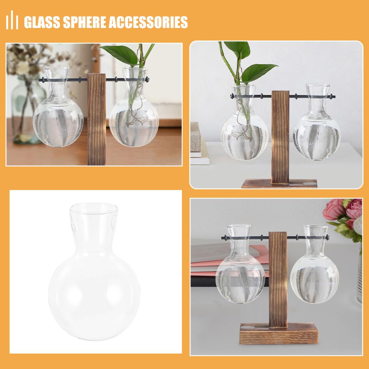 TOVINANNA 3pcs High Borosilicate Glass Propagation Planter Bulb Vases with Wooden Stand, Hydroponic Plant Terrarium Glass Vase Set for Indoor Desktop Decoration
