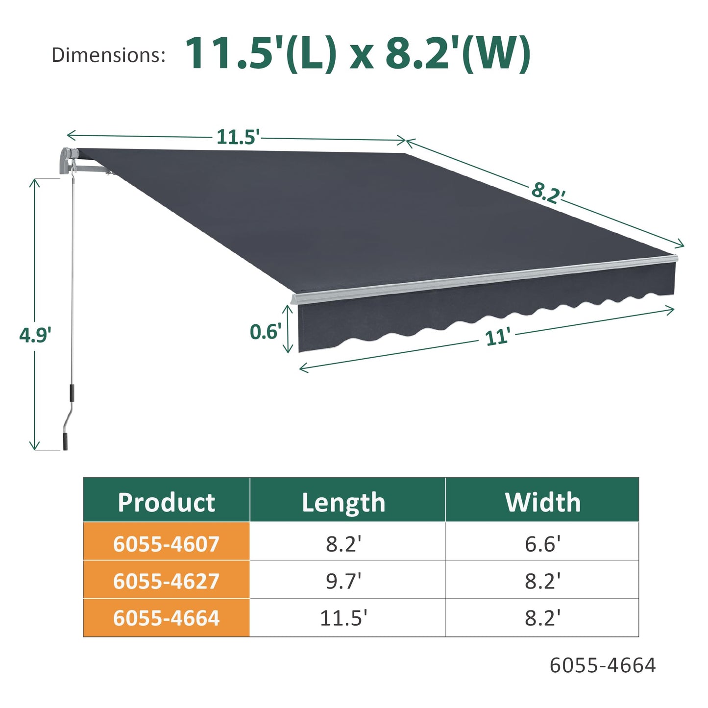 MCombo Patio Awning 12x8 Feet Sunshade Canopy for Manual Retractable Awnings, 4664 (Dark Grey, 12x8ft)