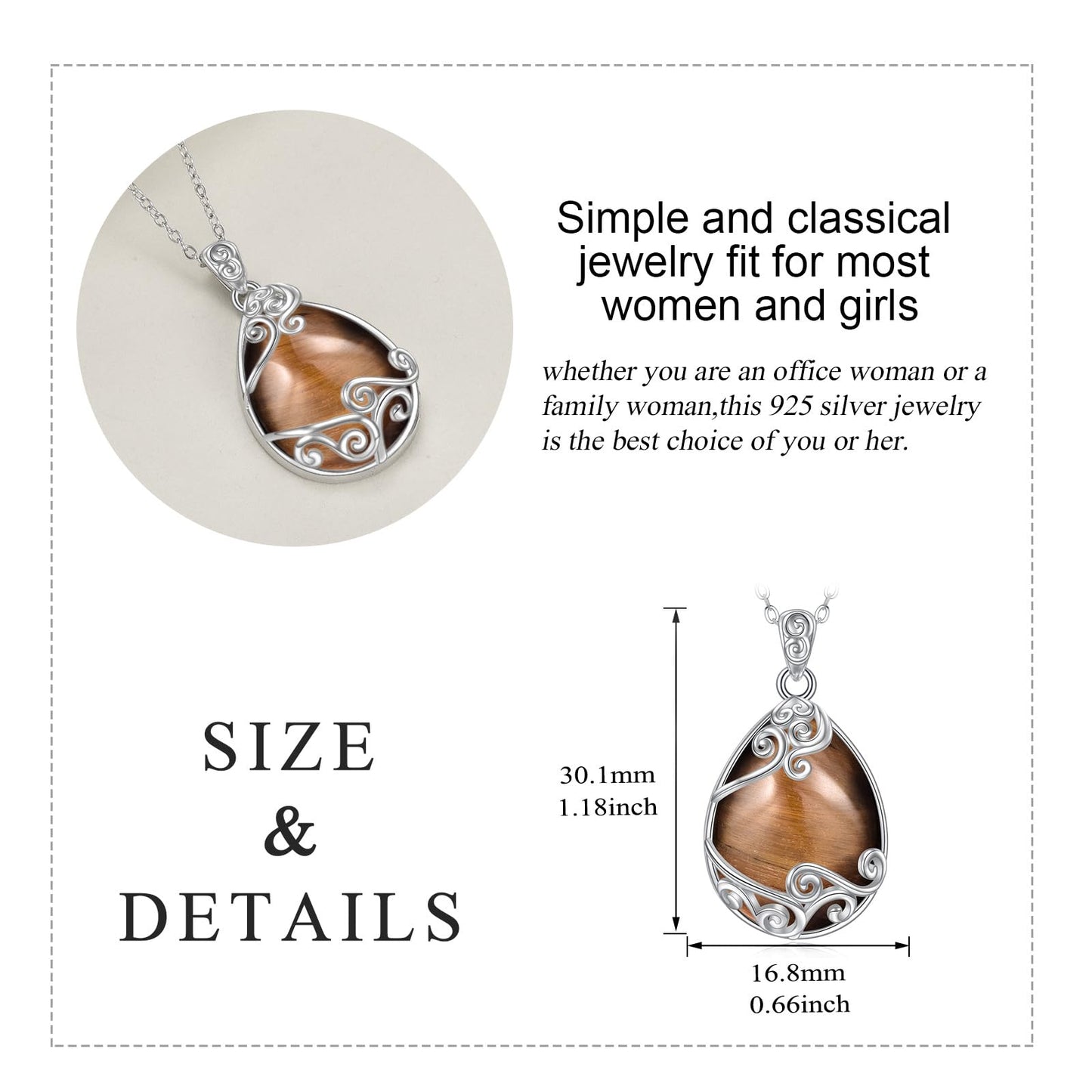 YAFEINI 925 Sterling Silver Tiger Eye Stone Necklace Filigree Teardrop Pendant Necklace Jewelry for Women (EE-Tiger Eye Stone Filigree Necklace)
