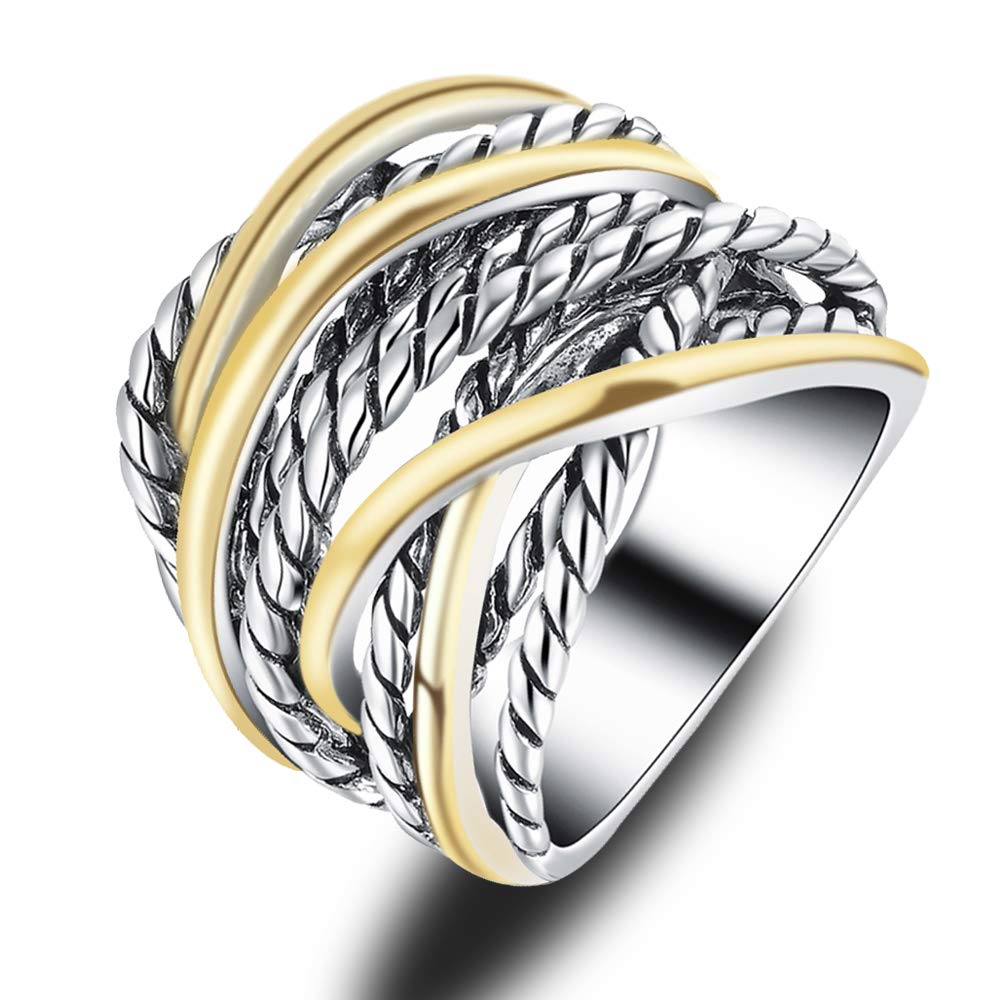 Mytys Gold and Silver Statement Rings for Women Wire Intertwined Design 14K Gold Plated Silver Band Ring Wide Index Finger Rings Costume Jewelry (Gold & Silver, 8)