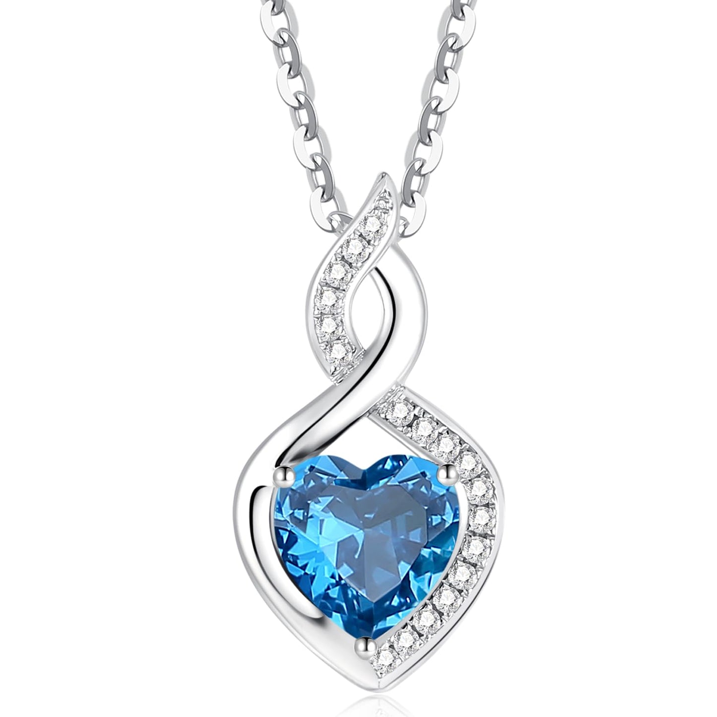FANCIME Blue Topaz Necklace 14K Solid White Gold Heart Pendant with Diamond December Birthstone Necklace Jewelry Gifts for Mom Women