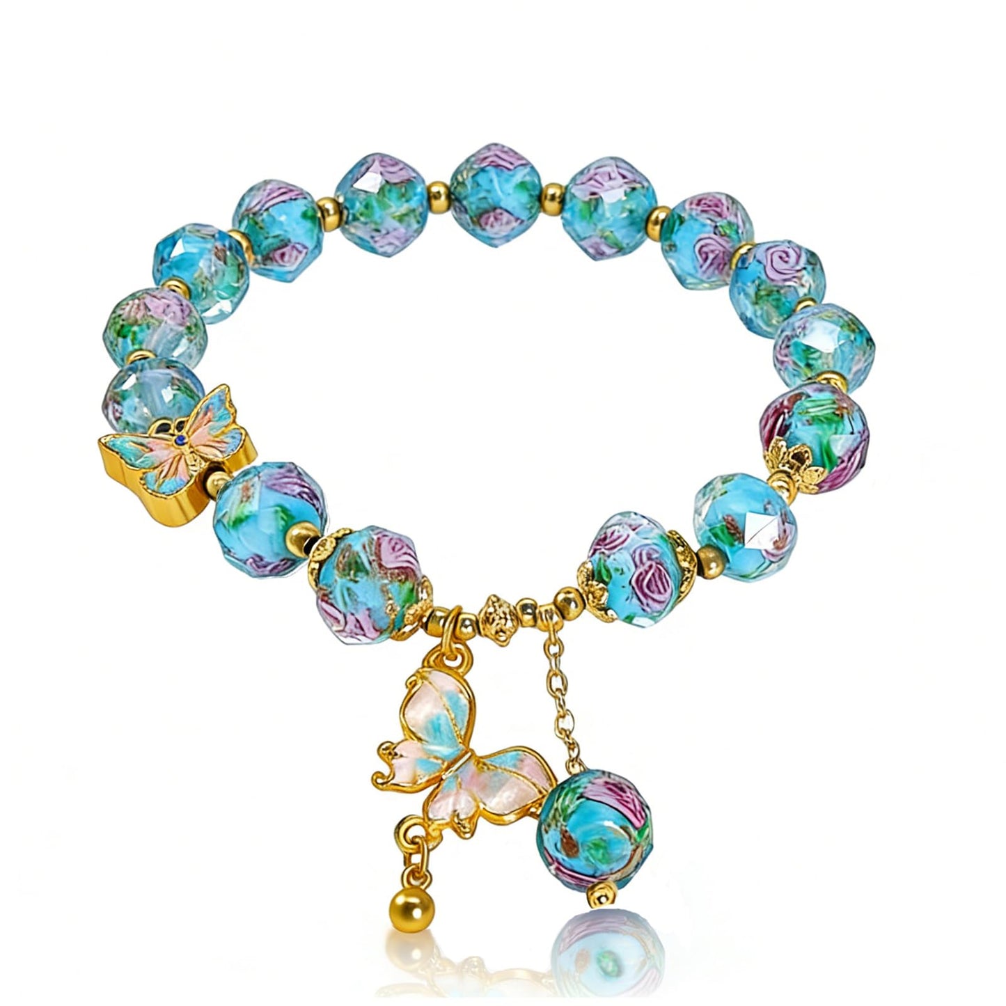Buddha Stones Blue Butterfly Charm Bracelet for Women, Liuli Flower Healing Bracelet with 8mm Floral Beads, Pastel Stretch Bracelets Jewelry Gifts for Her Mother
