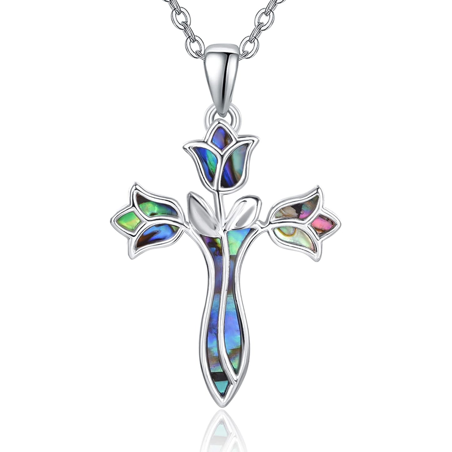 Dreamboat Abalone Flower Cross Necklace for Women 925 Sterling Silver Cross Pendant Tulip Necklace Abalone Jewelry Christianity Religious Confirmation Baptism Gifts for Women
