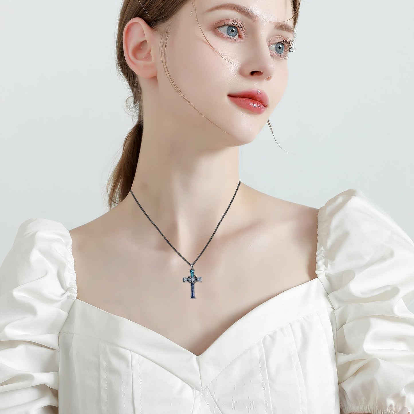 YEESIA Cross Necklace for Women Men, 925 Sterling Silver, Black Thorn Crown Cross Pendant Necklace with Turquoise, Christian Jewelry, Gift for Women Men