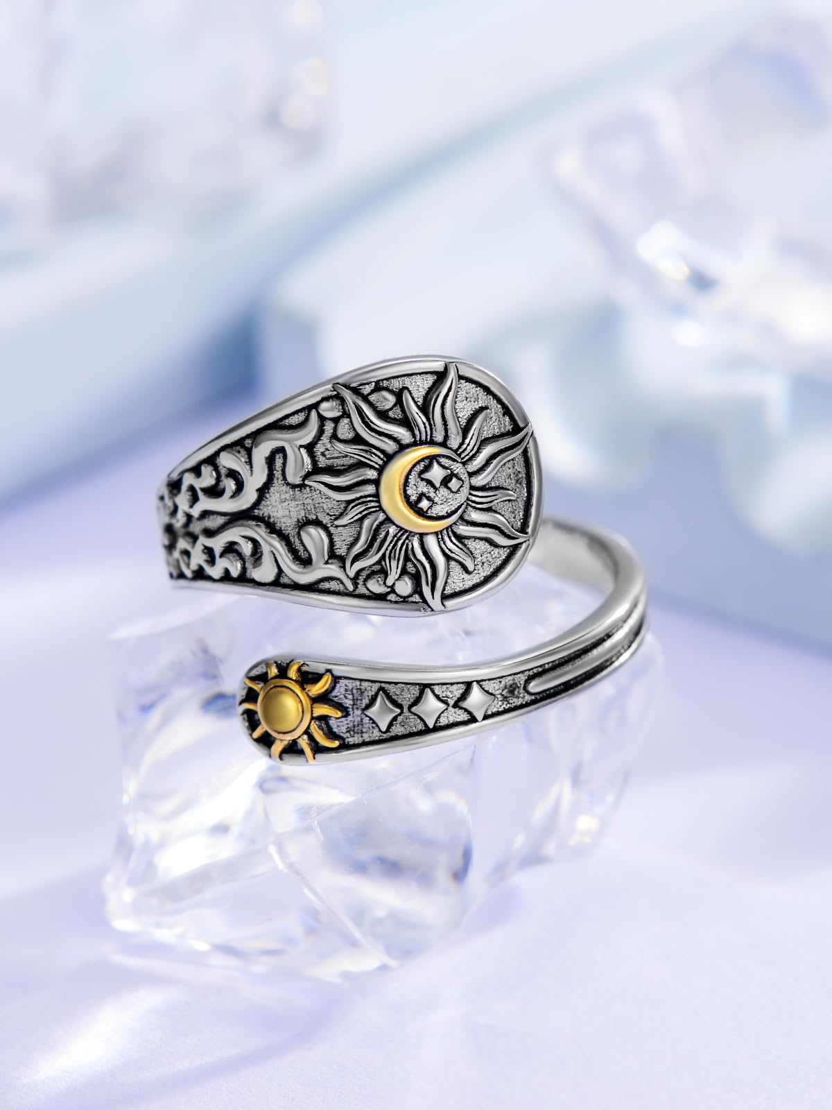 Midari Sun and Moon Stars Spoon Rings Sterling Silver Sun and Moon Ring for Women Adjustable Thumb Rings Vintage Finger Open Spoon Rings for Women Daughters(Customization)