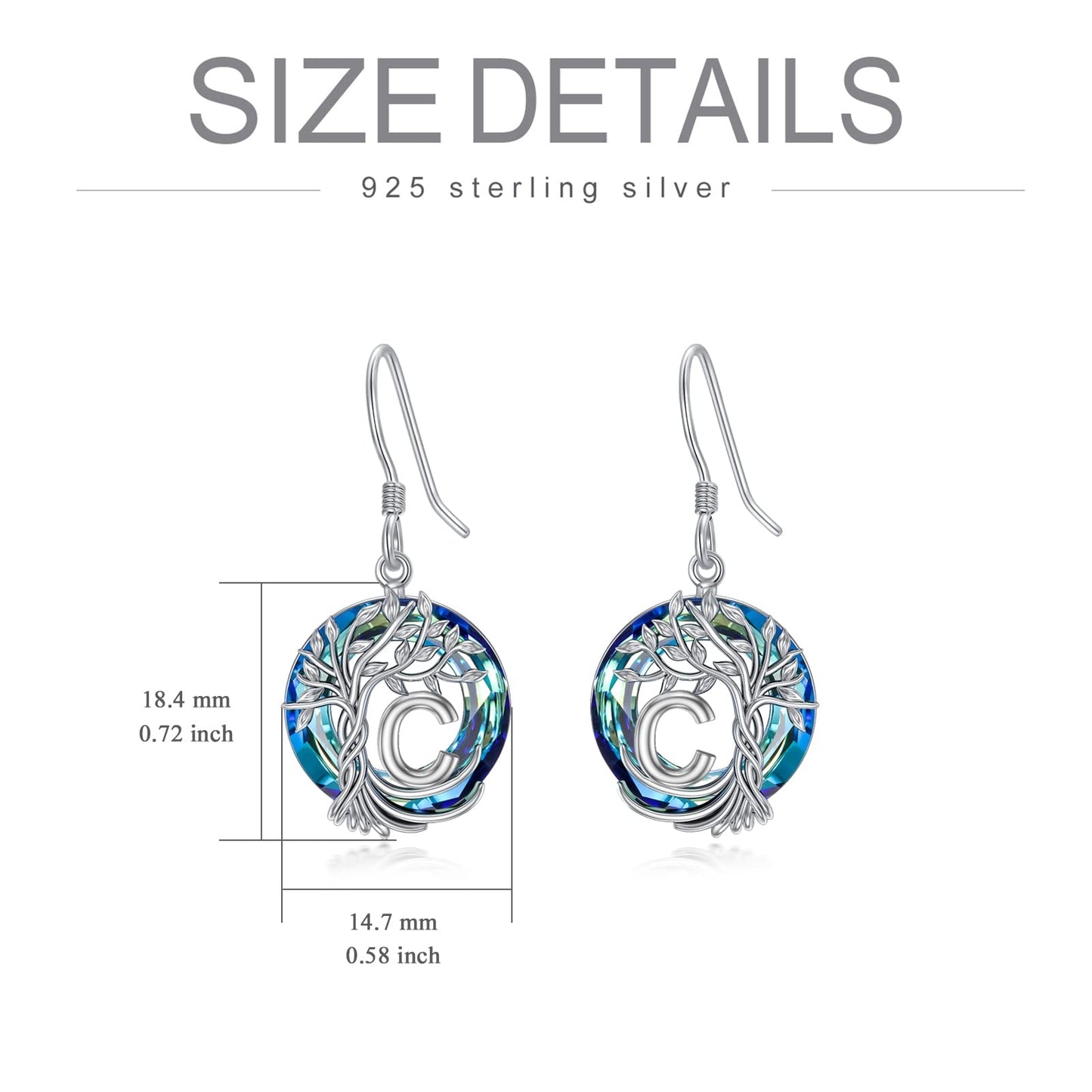 TOUPOP Tree of Life Initial Earrings Sterling Silver Initial C Letter Drop Dangle Earrings Blue Circle Crystal Family Tree Jewelry Birthday Mothers Day Gifts for Women Mom Her