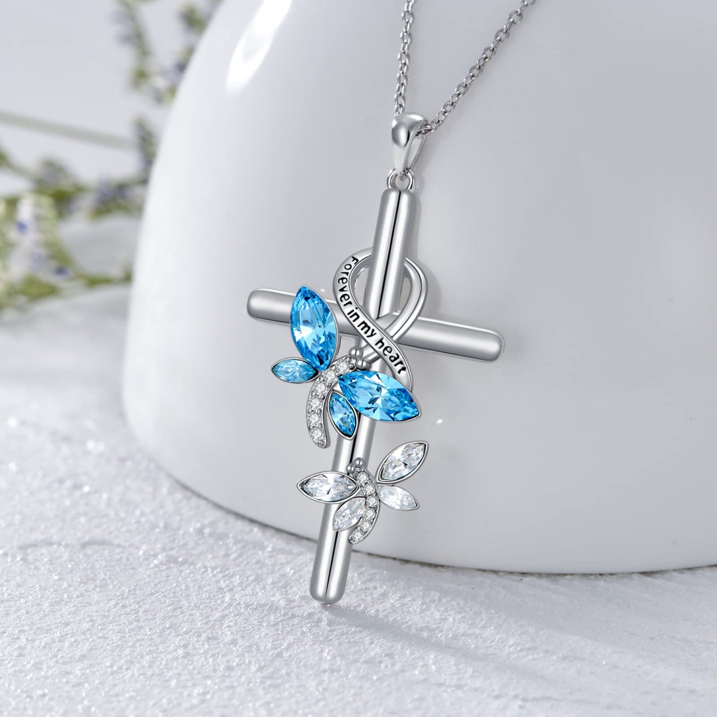 Flpruy Dragonfly Cross Necklace 925 Sterling Silver for Women Crystal Dragonfly Gift Forever in My Heart Love Jewelry Gift for Wife Daughter Mother