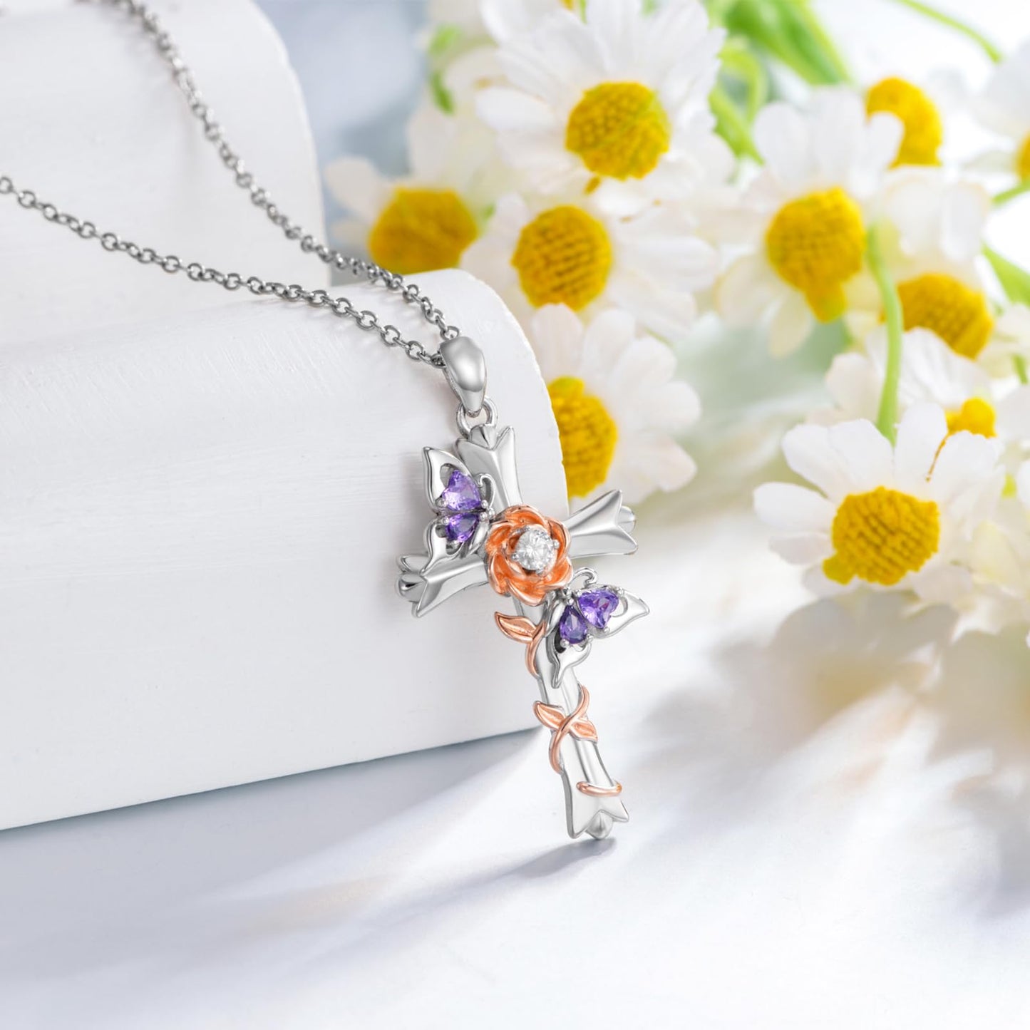 Butterfly Rose Necklaces 925 Sterling Silver for Women Double Purple Butterfly Necklace Pink Rose Cross Pendant Christian Faith Jewelry Mothers Day Gifts for Mom Lover Graduation Birthday Gift