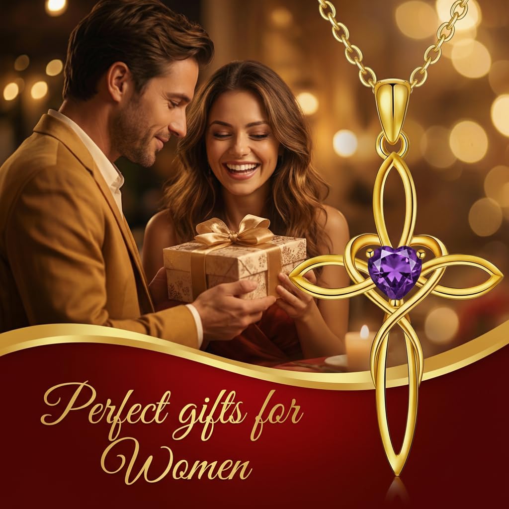 POIUY 14K Gold Dainty Celtic Knot Cross Birthstone Necklace for Women Irish Infinity Heart Pendant Cross Jewelry Anniversary Valentines Birthday Mothers Day Gifts for Mom Wife Her