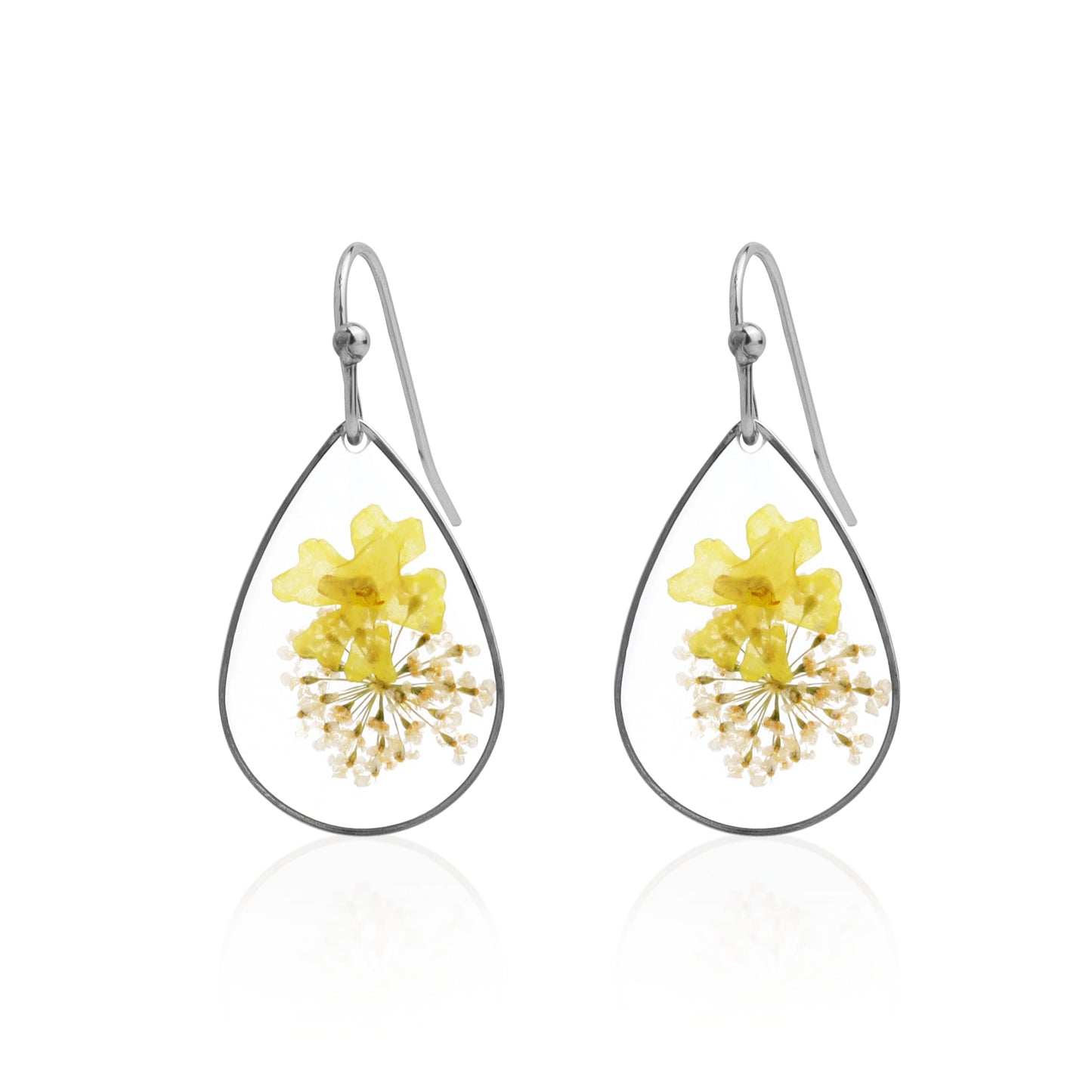 Jean Beau Handmade Pressed Flower Earrings for Women, Unique Resin Yellow Dried Flowers Sterling Silver Teardrop Dangle Drop Nature Floral Earings Fashion Summer Jewelry Gift