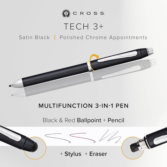 Cross Tech3 Satin Black Multi-function Pen - 0.5 MM Lead Size Pencil, Black Ink Refill, and Red Ink Refill in One Pen.