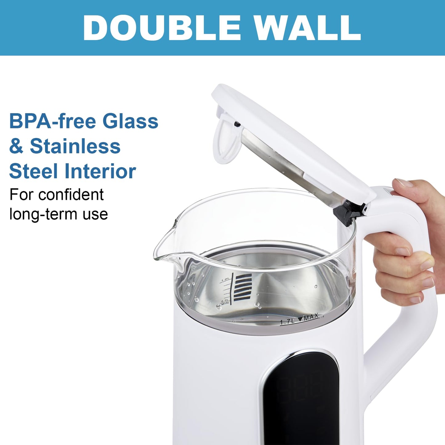 Electric Kettle, 1500W Fast Boiling Glass Water Kettle with Temperature Control, 1.7L Cordless Stainless Steel Base, Keep Warm & Auto Shut-Off, BPA-Free, White