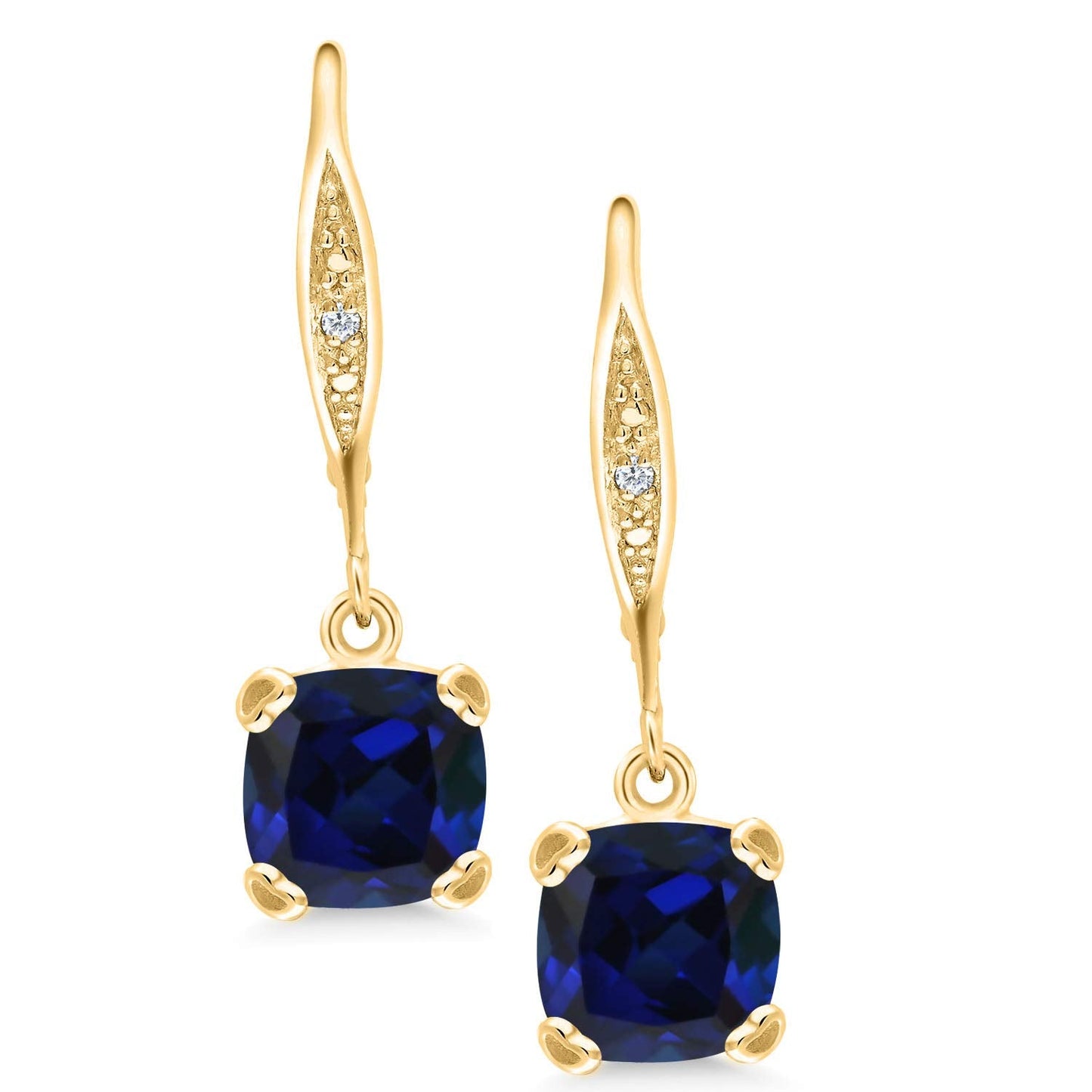 Gem Stone King Drop Dangle Earrings For Women | 7MM Cushion Cut Gemstone Birthstone and Diamond | 925 Sterling Silver | Jewelry Gift for Mom Wife Her | Created Sapphire-September | Yellow Gold