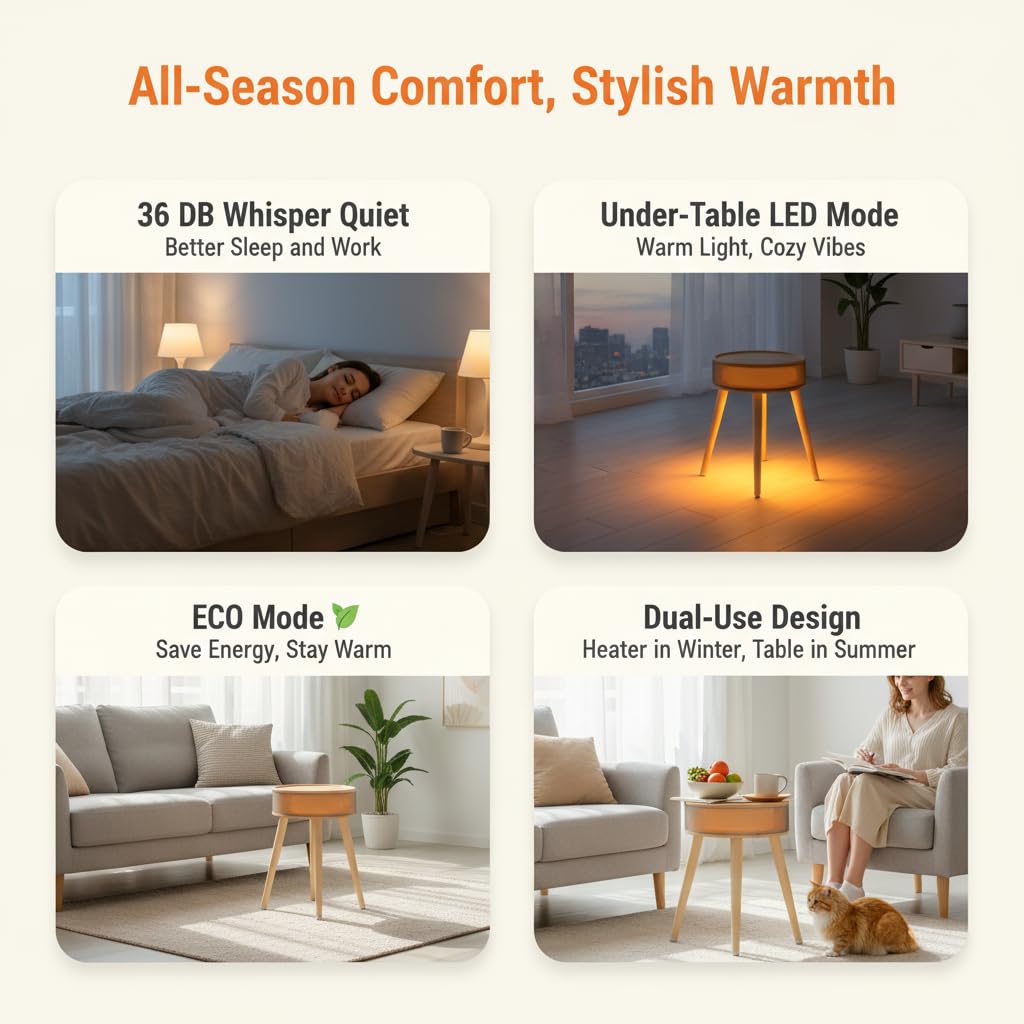1500W Space Heater, Electric Indoor Space Heater & Fan Combo, Heater Coffee Table 2-in-1 Side Table with PTC Heating, 75° Oscillation, ECO Mode, Timer & Remote for Bedroom & Living Room, Gray