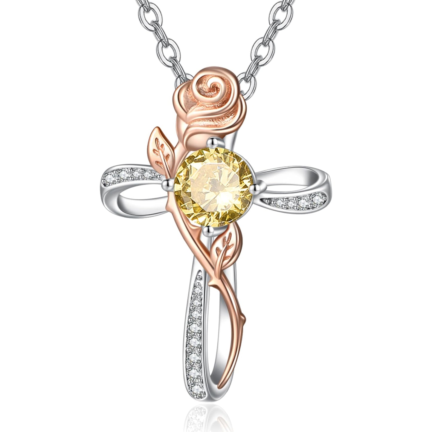 Zeuslia Cross Necklace for Women Sterling Silver Cross Pendant Jewelry with Rose Citrine November Birthstone Necklace Christian Religious Baptism First Communion Confirmation Birthday Gifts for Women